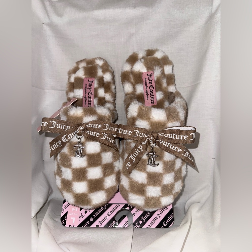 Juicy Couture Brown and White Fuzzy Slippers checkered